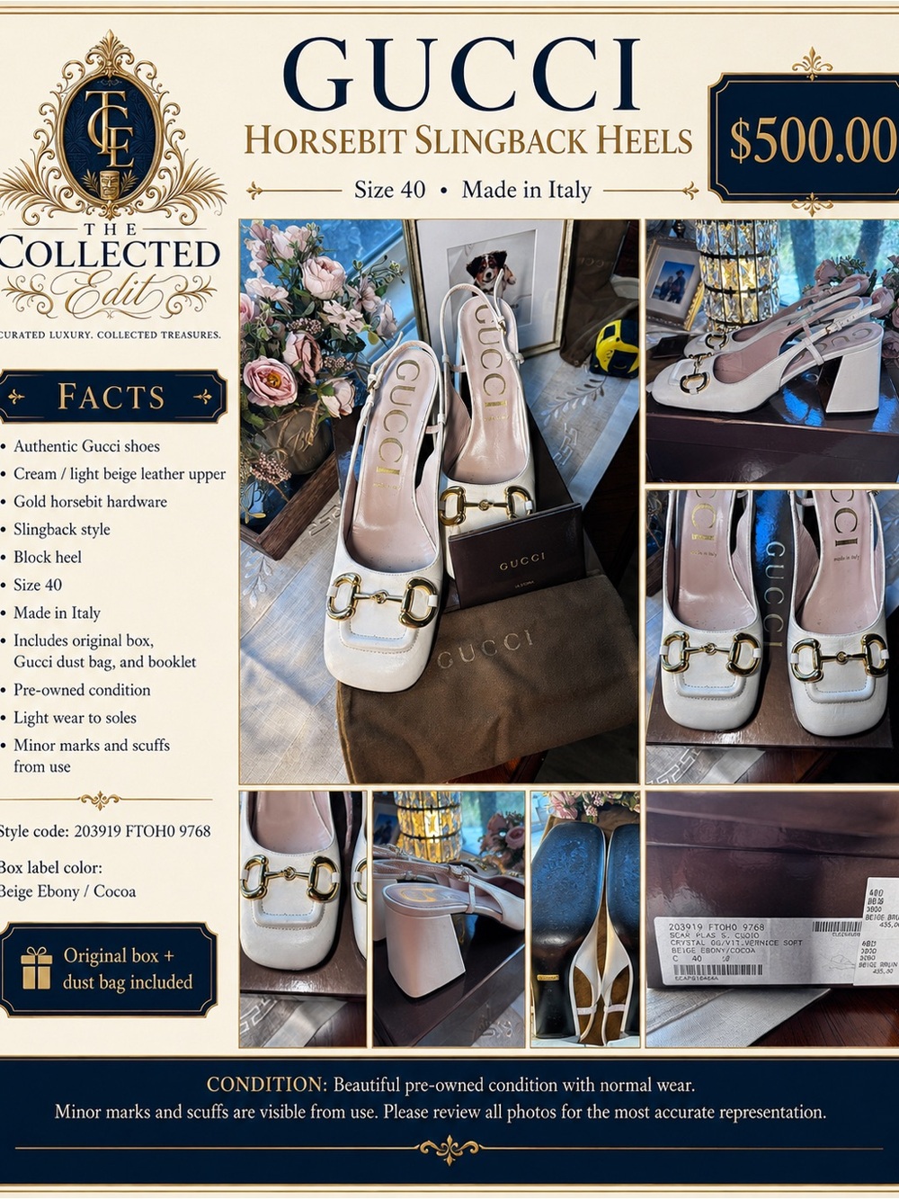 Gucci Cream Leather Horsebit Slingback Heels